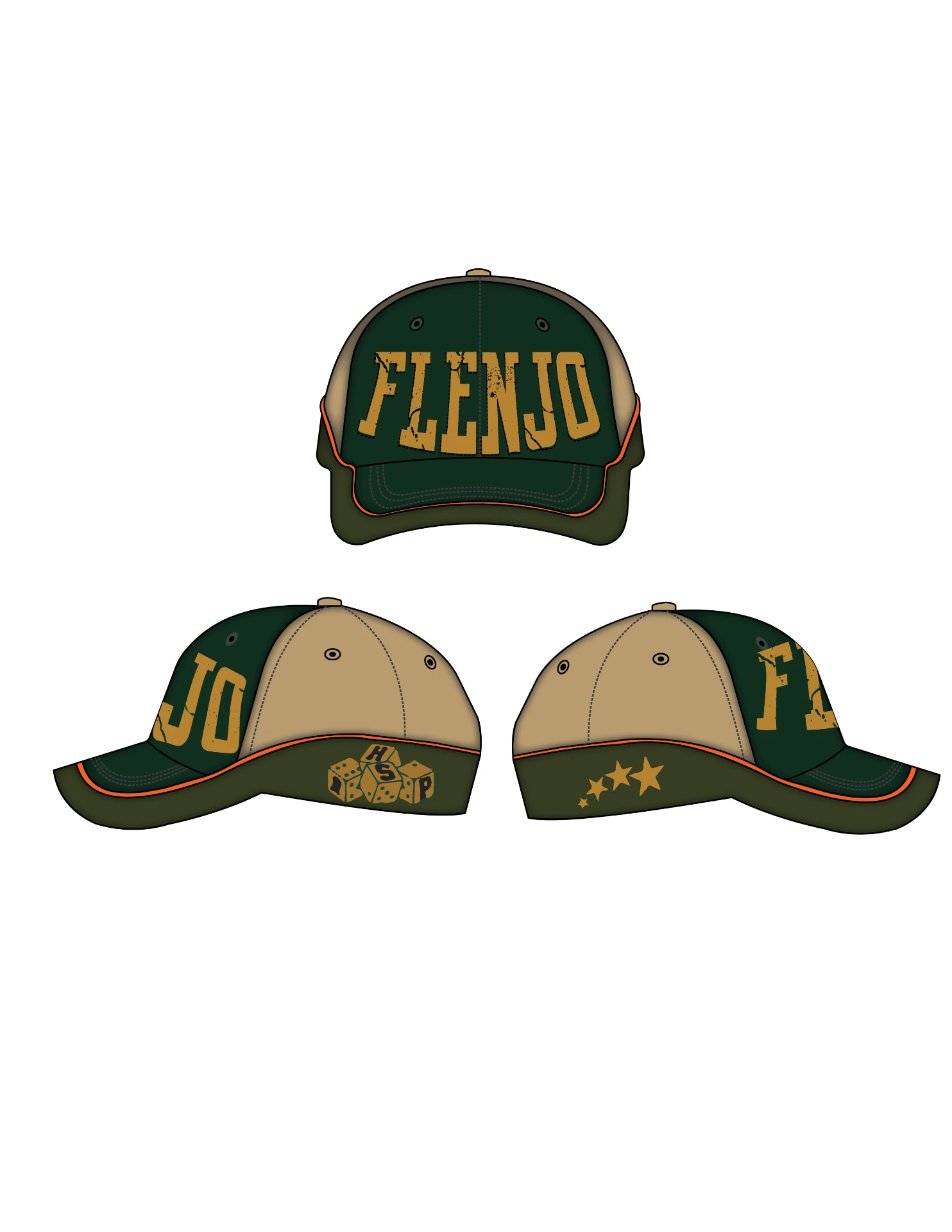 Flen Jo baseball cap design in forest green and sand with orange piping, gold FLENJO arc, dice and star side graphics