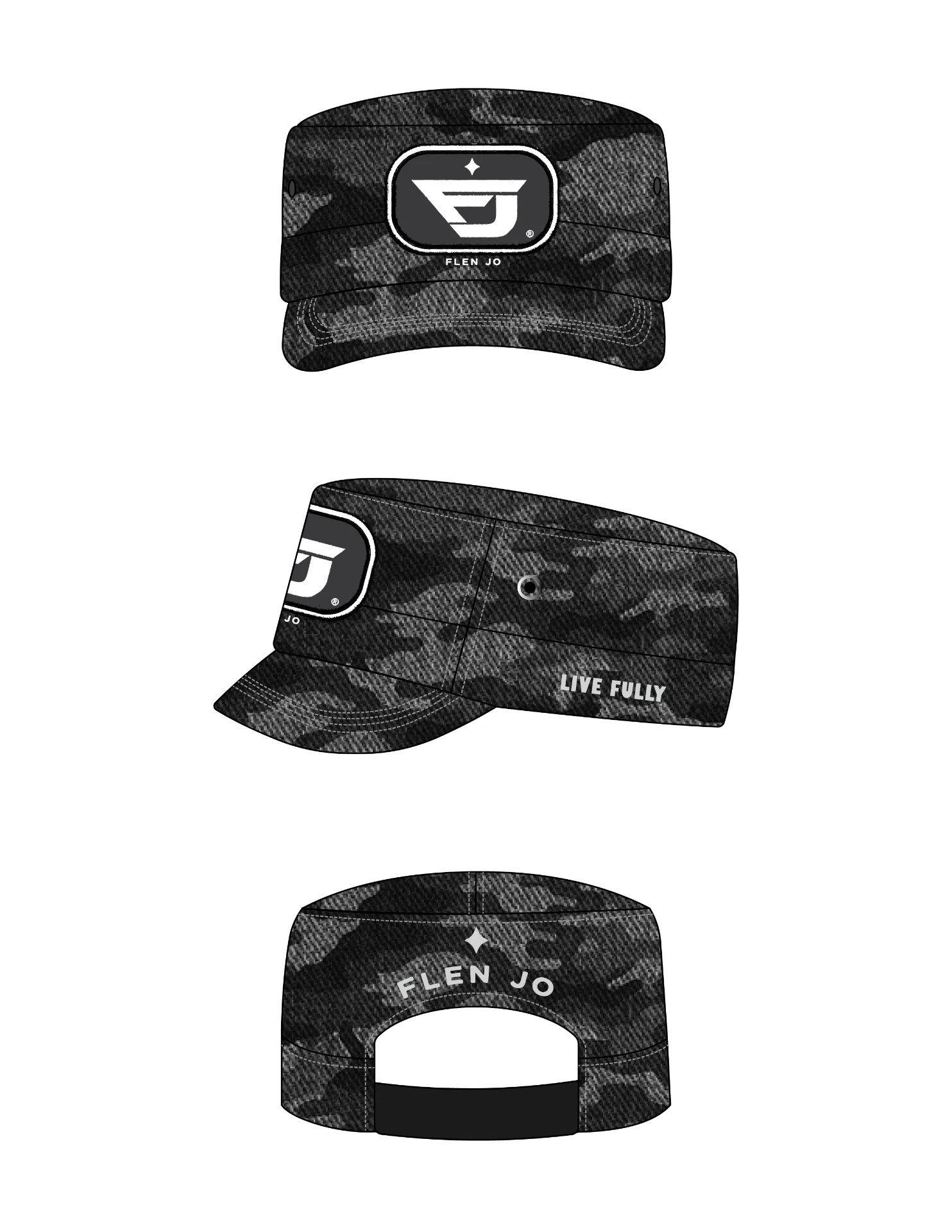 Flen Jo cadet cap design in washed dark camo with a rubberised Flen Jo badge