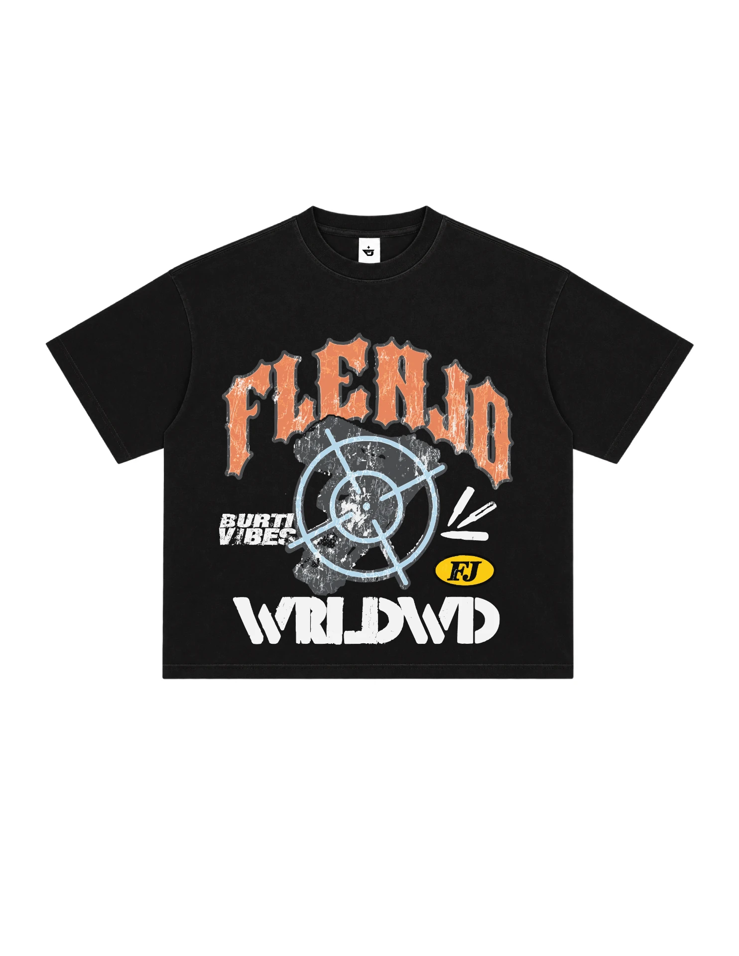 Flen Jo washed black boxy t-shirt design with orange FLENJO arc, blue crosshair target graphic and WRLDWD text