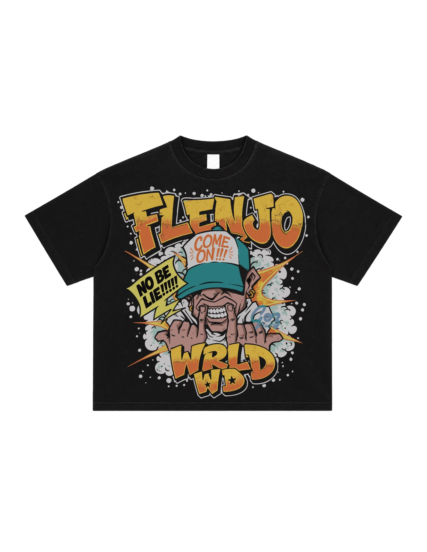 Flen Jo black boxy t-shirt design with a cartoon character in a bucket hat, FLENJO WRLDWD lettering and a NO BE LIE speech flash