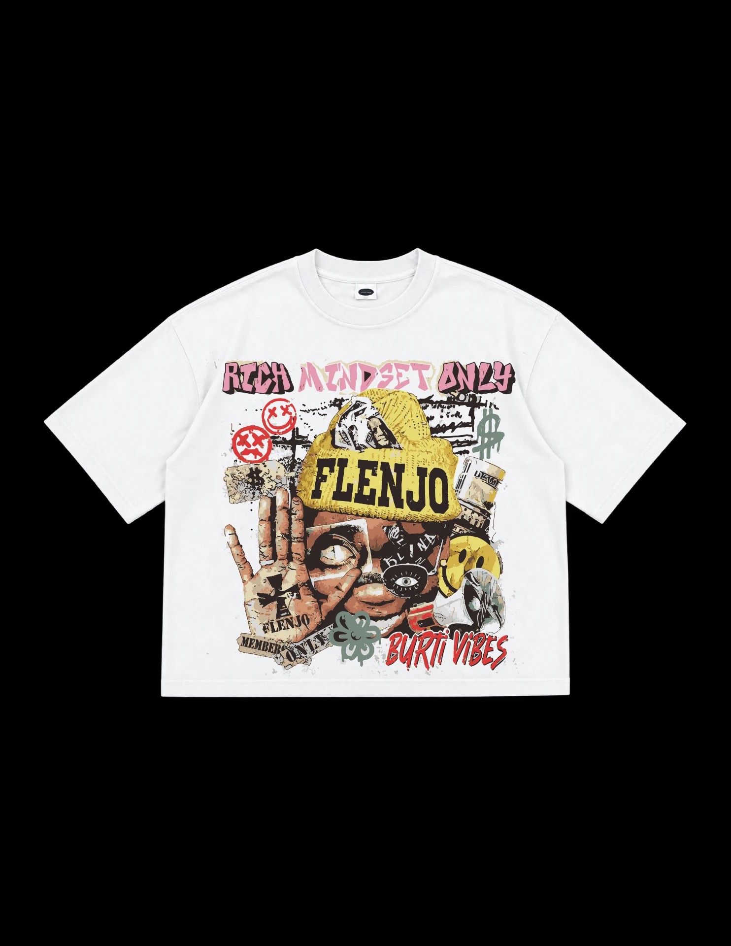 Flen Jo white boxy t-shirt design with RICH MINDSET ONLY script, a yellow FLENJO beanie collage and BURTI VIBES text