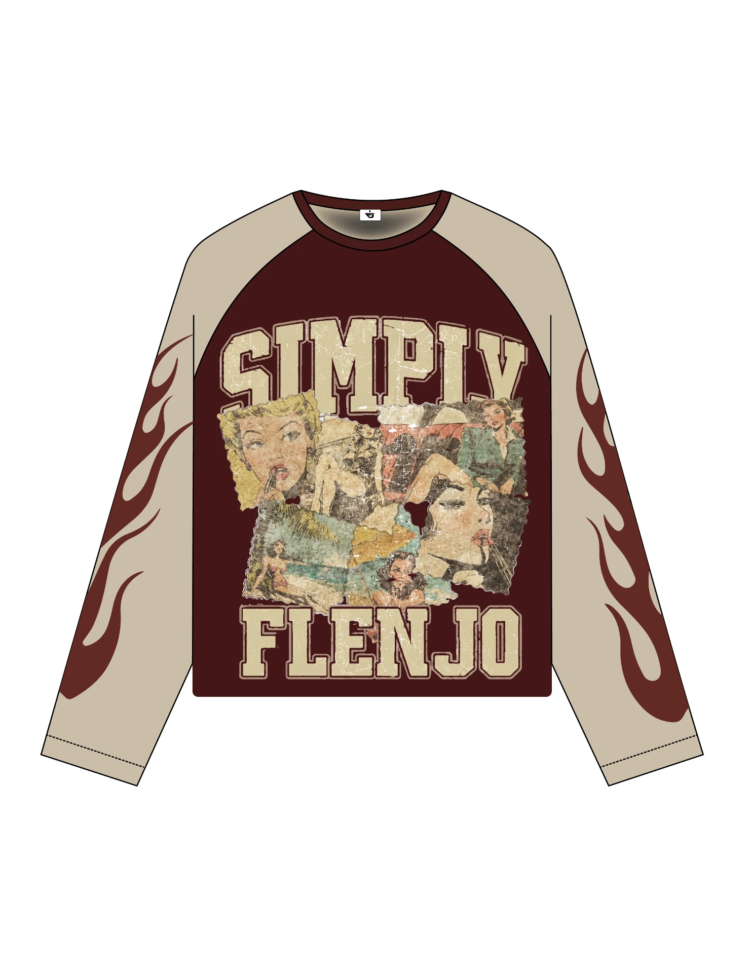 Flen Jo maroon raglan long sleeve with sand flame-print sleeves and a vintage SIMPLY FLENJO collage print