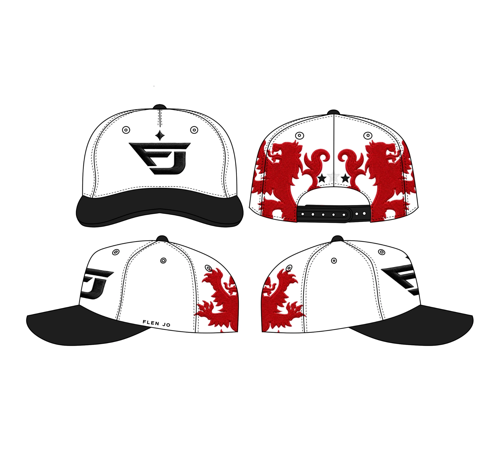 Flen Jo snapback cap design in white and black with deep red rampant lion embroidery