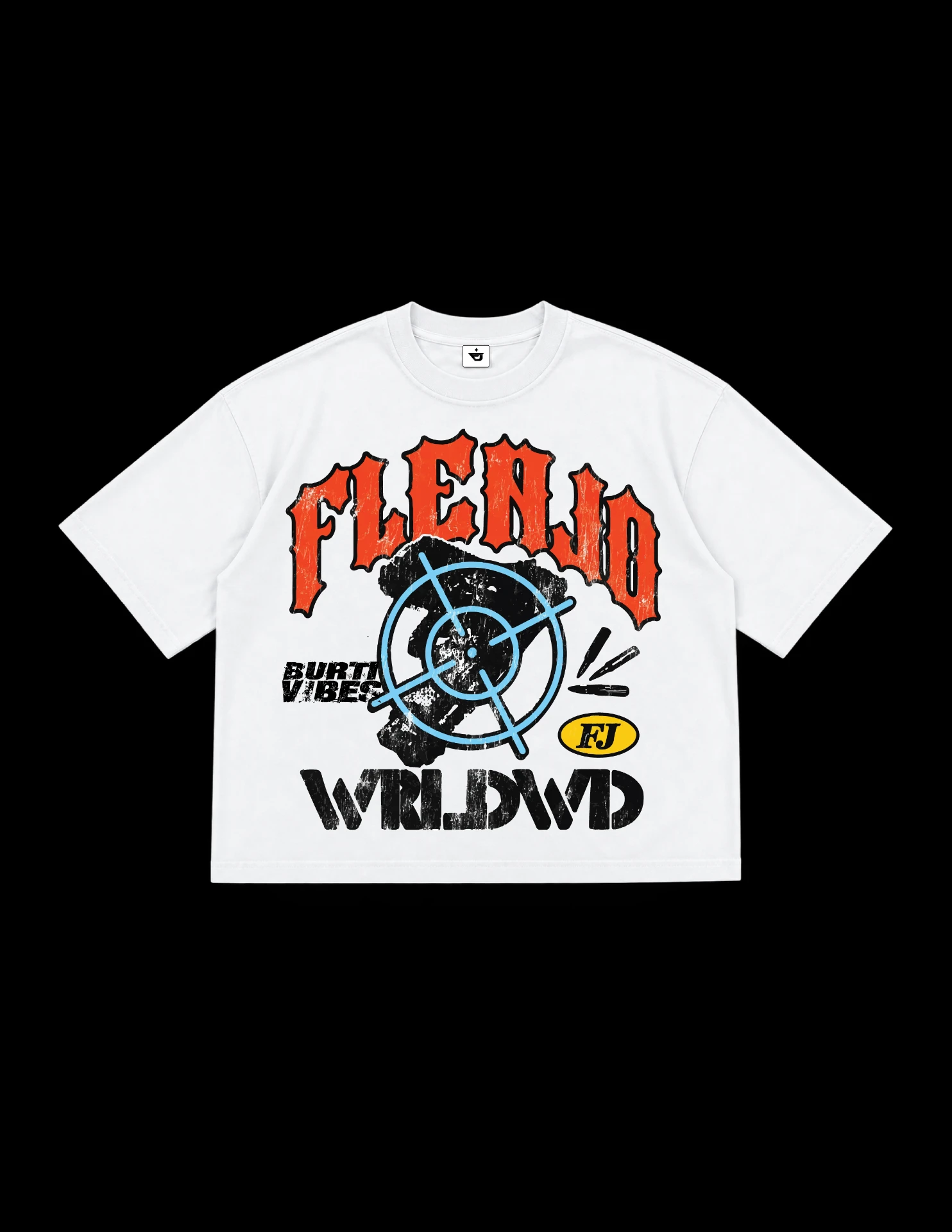 Flen Jo white boxy t-shirt design with orange FLENJO arc, blue target graphic and WRLDWD text