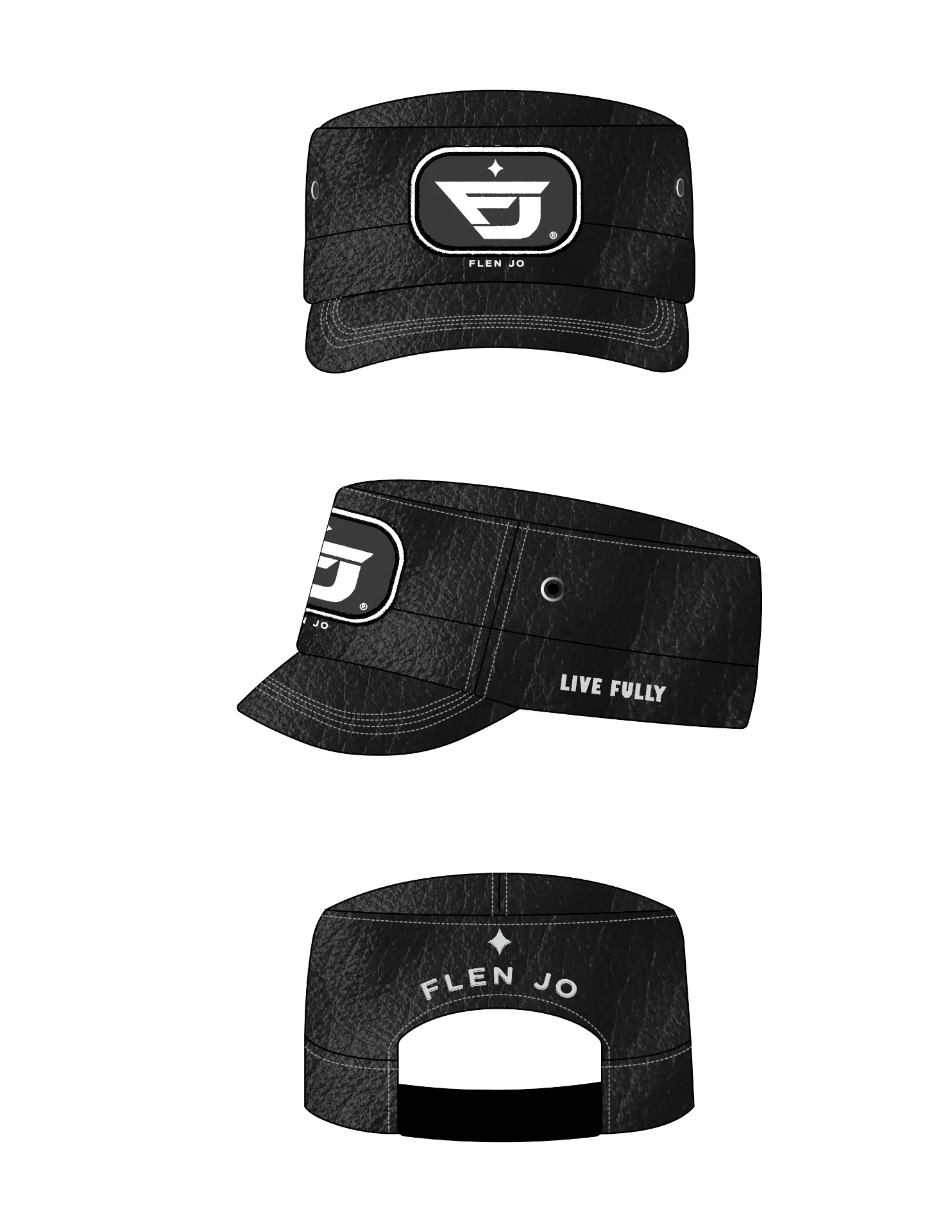 Flen Jo cadet cap design in black leather with contrast stitching and a mono badge