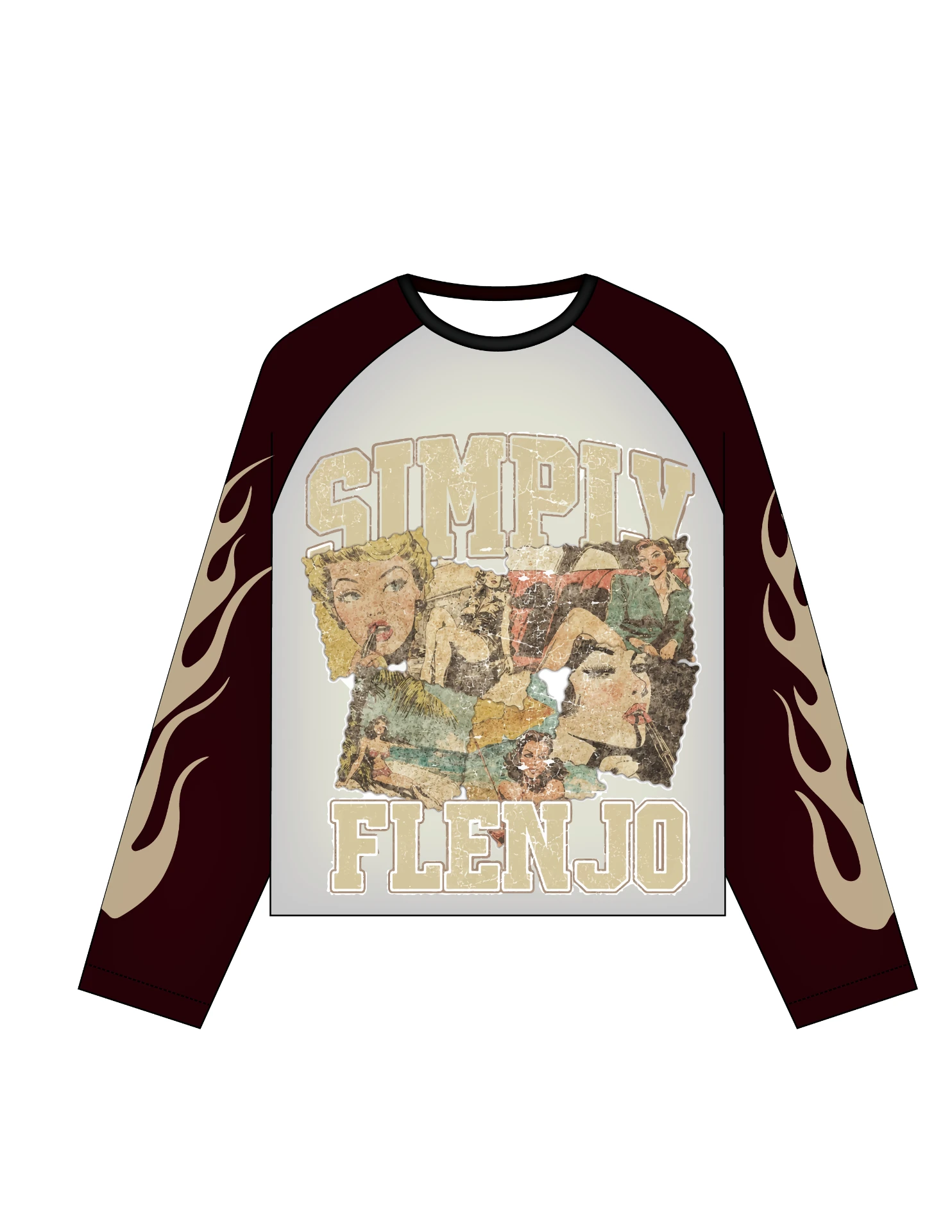 Flen Jo bone raglan long sleeve with maroon flame-print sleeves and a vintage SIMPLY FLENJO collage print