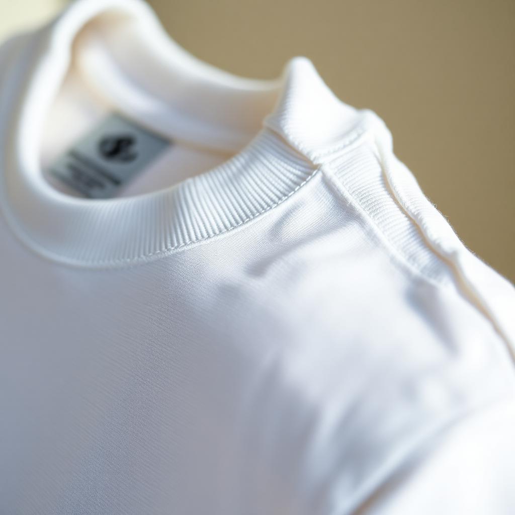 Macro close-up of tee collar ribbing and shoulder seam